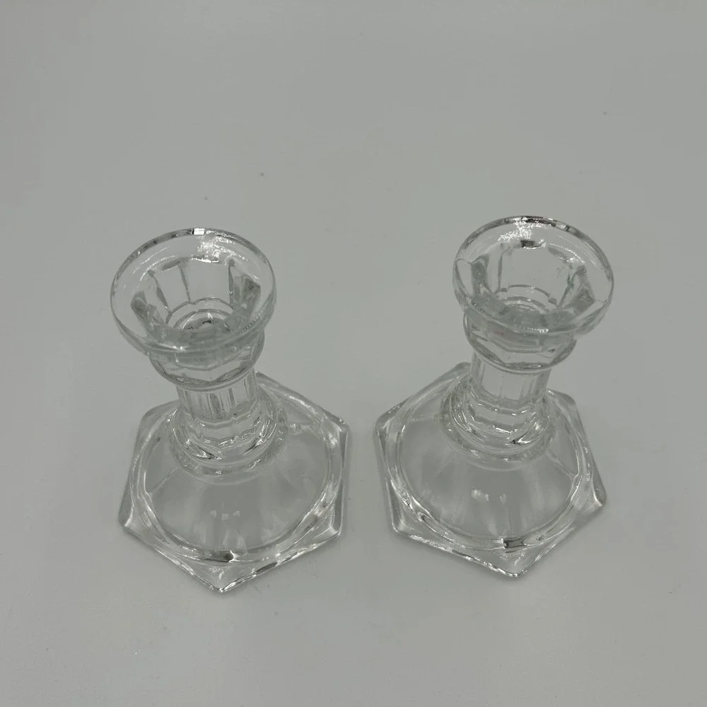 Vintage Clear Pressed‎ Glass Hexagon Base Taper Candlestick Holders Pair 4 Inch
